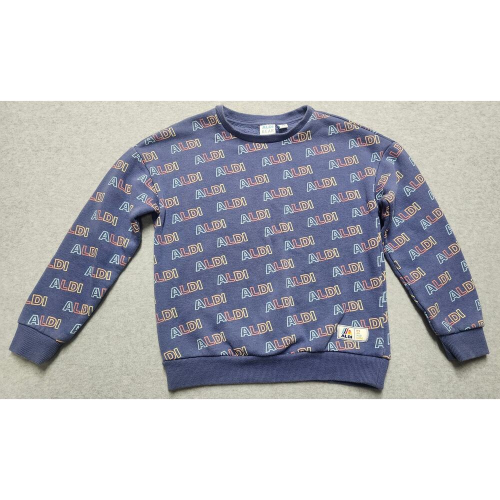Aldi Gear Sweatshirt Youth Medium 8-10 Blue All Over Logo Crewneck Unisex